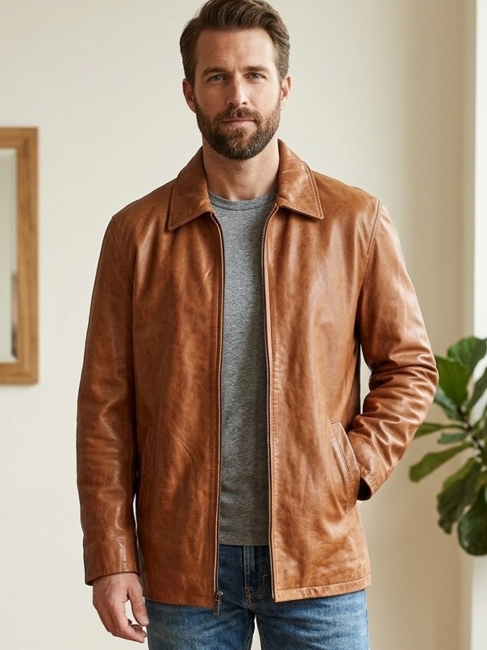 Rare VINTAGE SOFT ITALIAN LEATHER men’s long sleeve tan zip up jacket Size Large